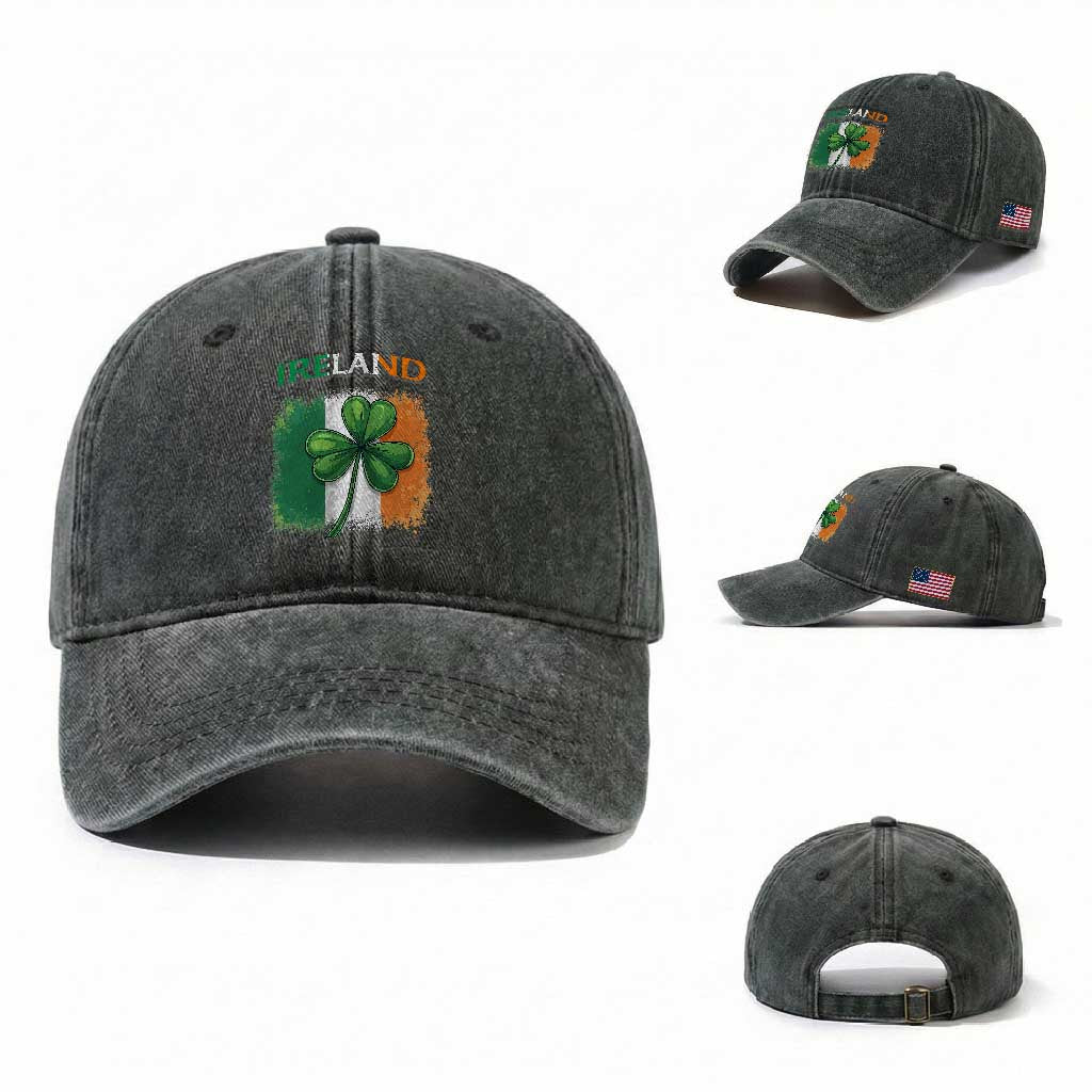 Vintage Ireland Shamrock Irish Flag St Patricks Day Washed Cotton Baseball Cap TS14 Washed Cap Universal Fit Dark Green Print Your Wear