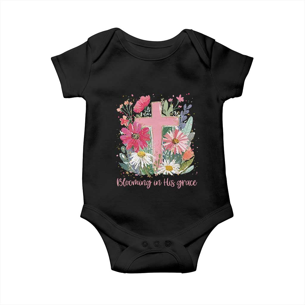 Blooming in His Grace Baby Onesie Boho Wildflower Christian Faith Bible Verse TS14 Black Print Your Wear