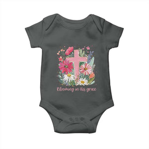 Blooming in His Grace Baby Onesie Boho Wildflower Christian Faith Bible Verse TS14 Dark Heather Print Your Wear