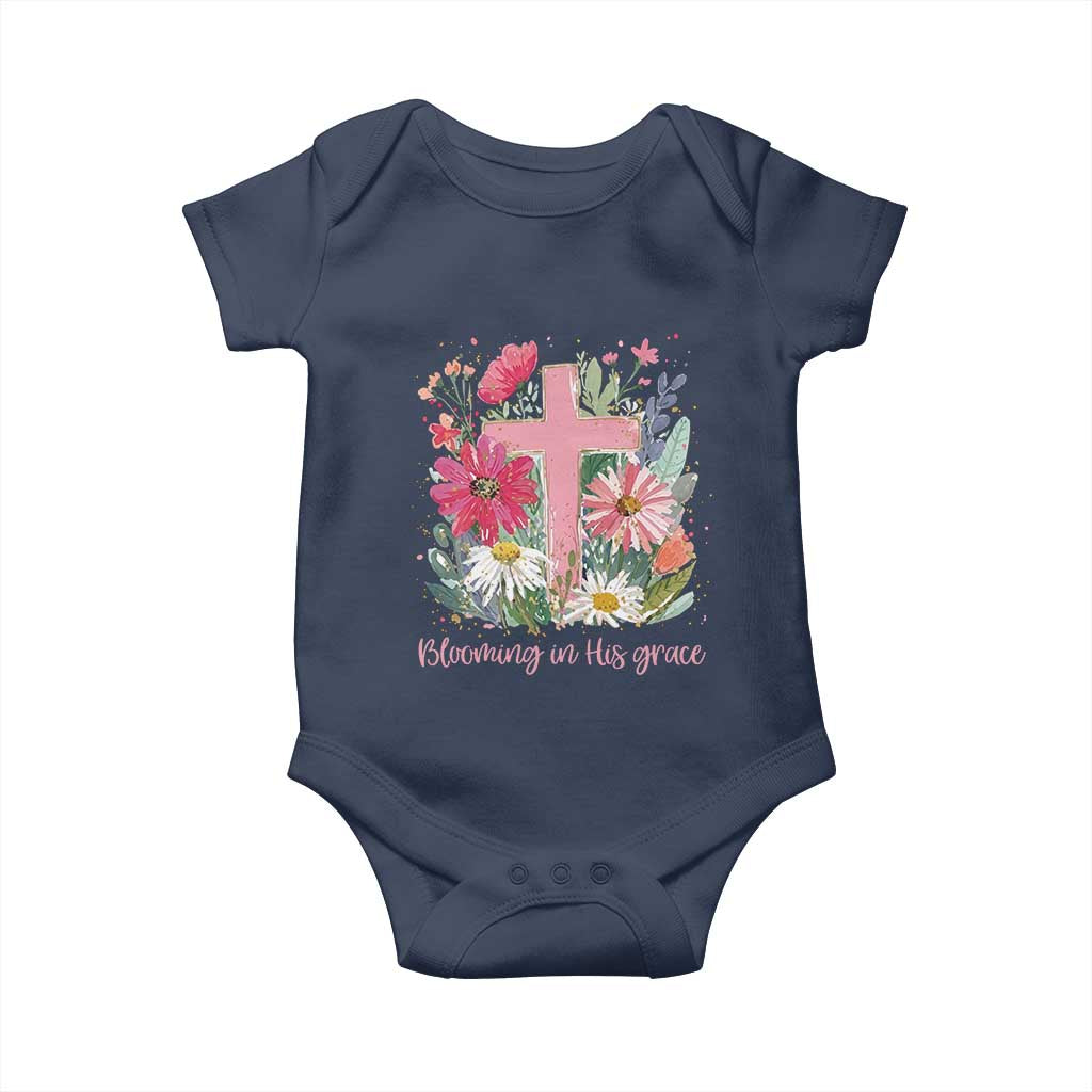 Blooming in His Grace Baby Onesie Boho Wildflower Christian Faith Bible Verse TS14 Navy Print Your Wear