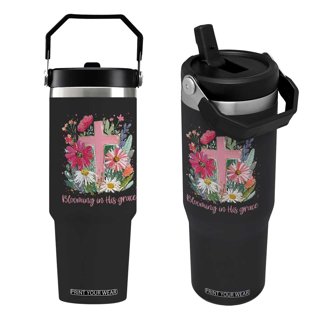 Blooming in His Grace Flip Straw Tumbler Boho Wildflower Christian Faith Bible Verse TS14 One Size: 30 oz Black Print Your Wear