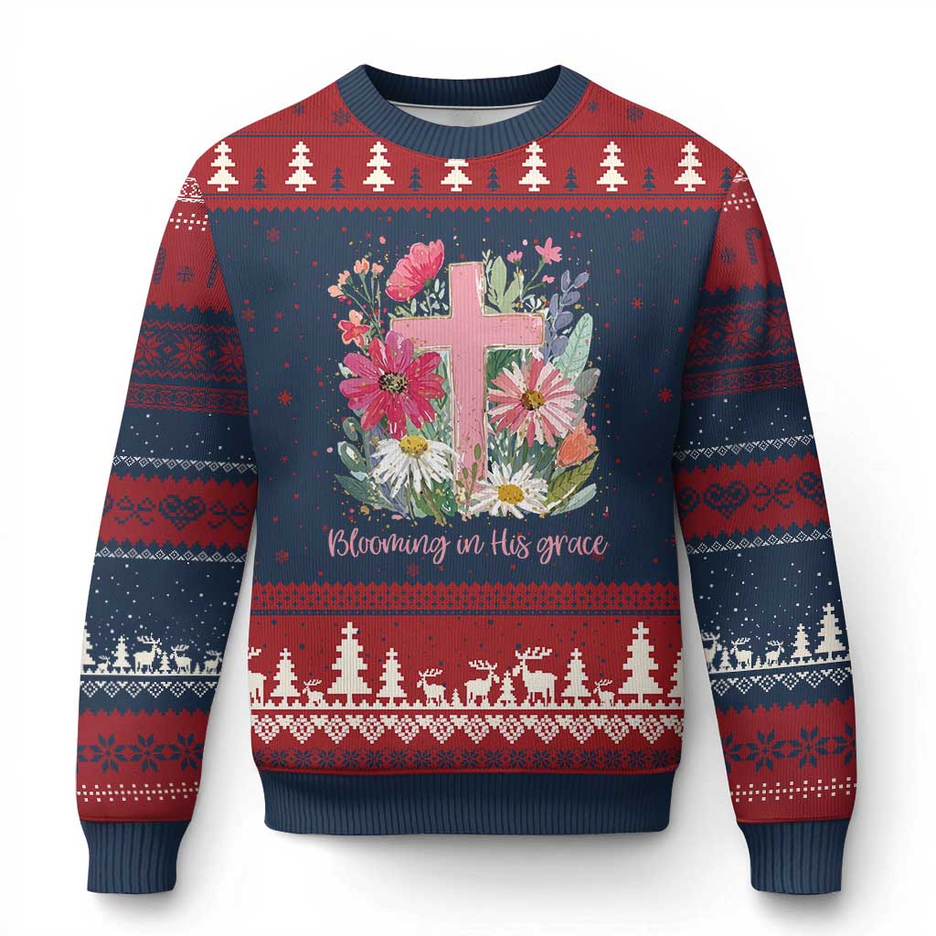 Blooming in His Grace Ugly Christmas Sweater Boho Wildflower Christian Faith Bible Verse TS14 Navy Red Print Your Wear