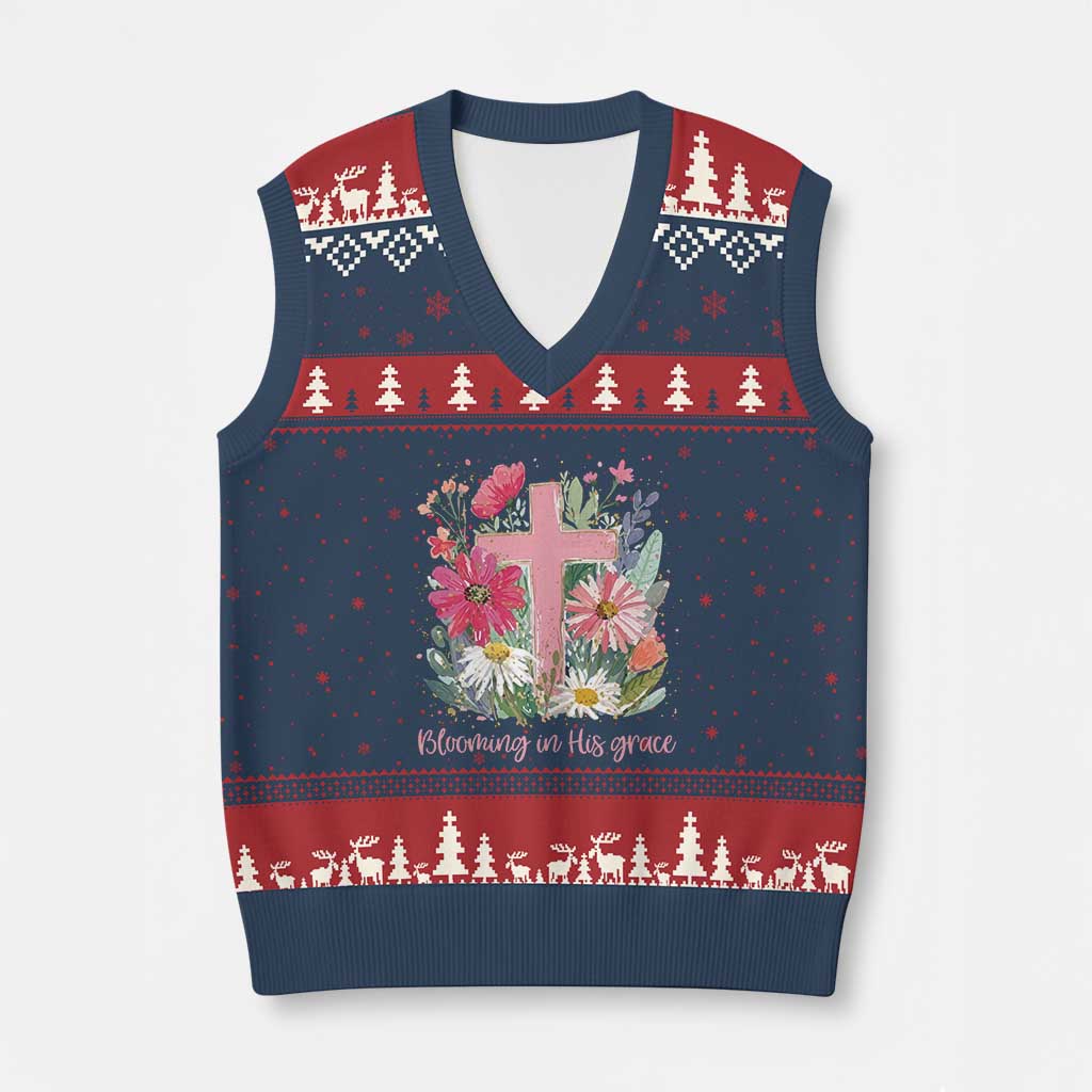 Blooming in His Grace V-Neck Knit Sweater Vest Boho Wildflower Christian Faith Bible Verse TS14 Navy Red Print Your Wear