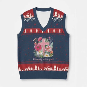 Blooming in His Grace V-Neck Knit Sweater Vest Boho Wildflower Christian Faith Bible Verse TS14 Navy Red Print Your Wear