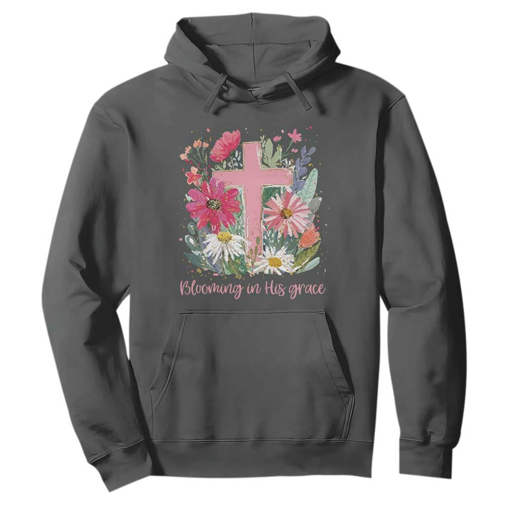 Blooming in His Grace Hoodie Boho Wildflower Christian Faith Bible Verse TS14 Dark Heather Print Your Wear