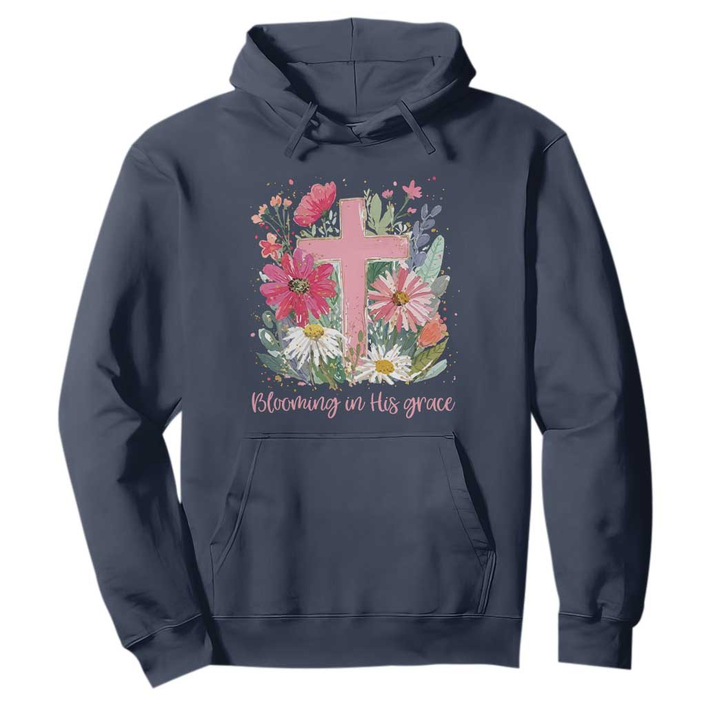 Blooming in His Grace Hoodie Boho Wildflower Christian Faith Bible Verse TS14 Navy Print Your Wear