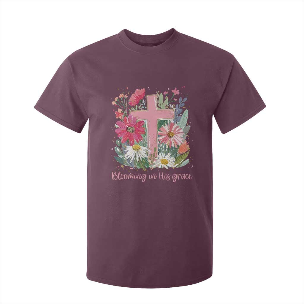 Blooming in His Grace T Shirt For Kid Boho Wildflower Christian Faith Bible Verse TS14 Maroon Print Your Wear