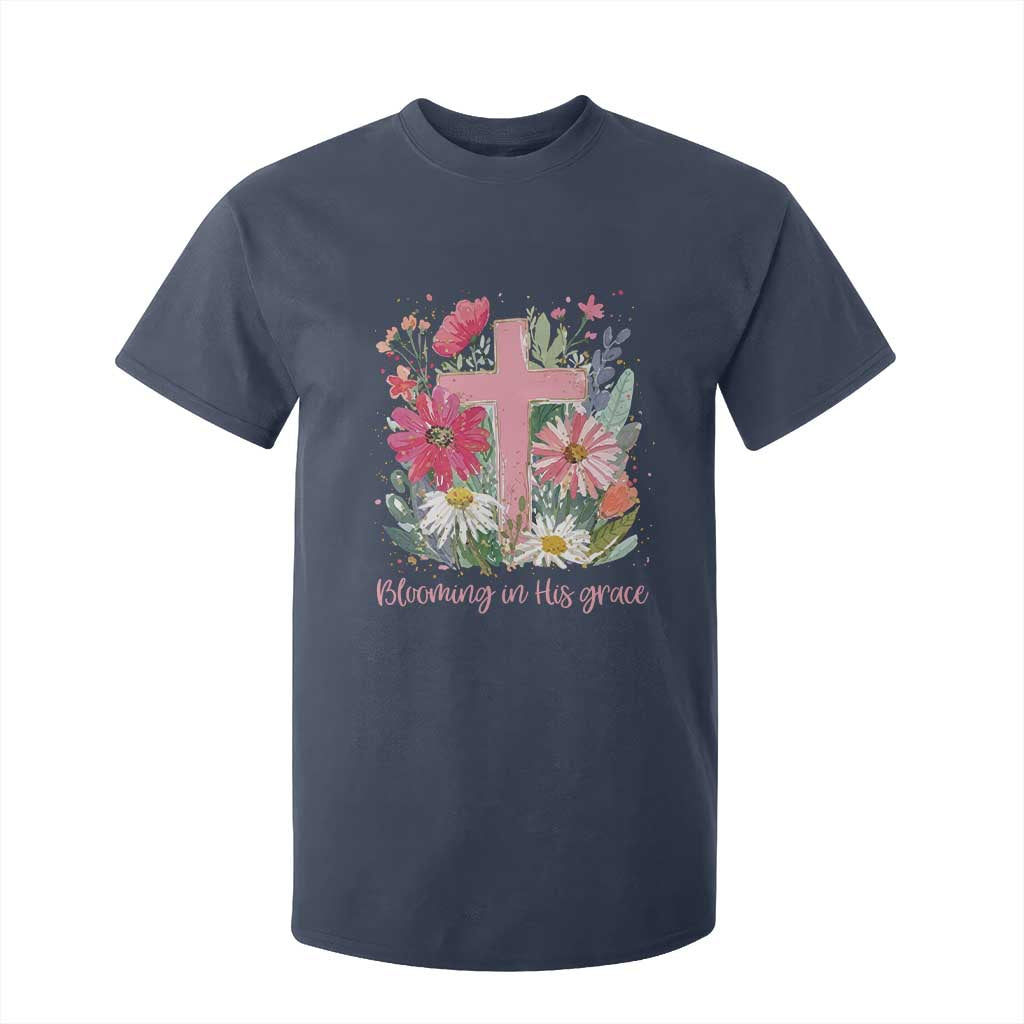 Blooming in His Grace T Shirt For Kid Boho Wildflower Christian Faith Bible Verse TS14 Navy Print Your Wear