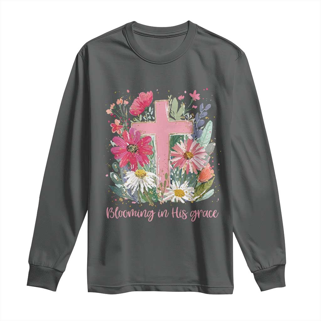 Blooming in His Grace Long Sleeve Shirt Boho Wildflower Christian Faith Bible Verse TS14 Dark Heather Print Your Wear