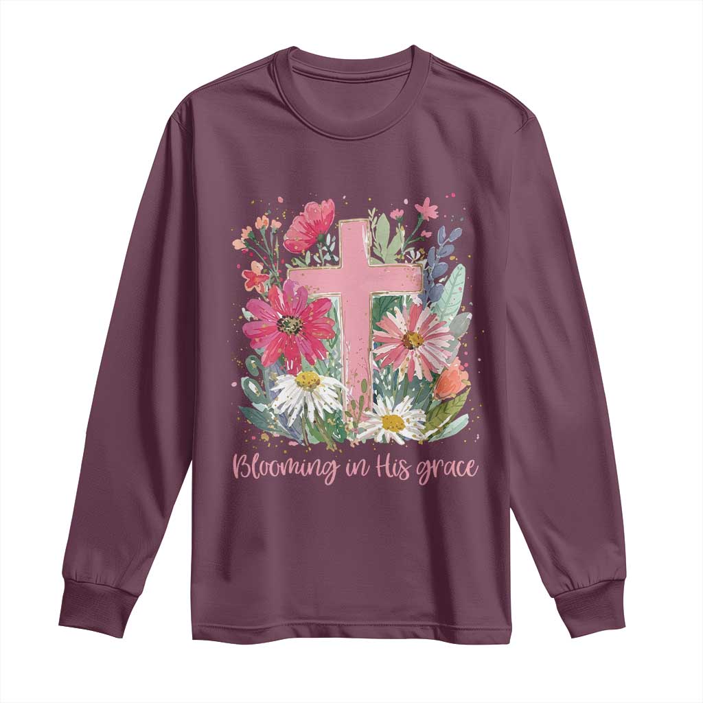 Blooming in His Grace Long Sleeve Shirt Boho Wildflower Christian Faith Bible Verse TS14 Maroon Print Your Wear