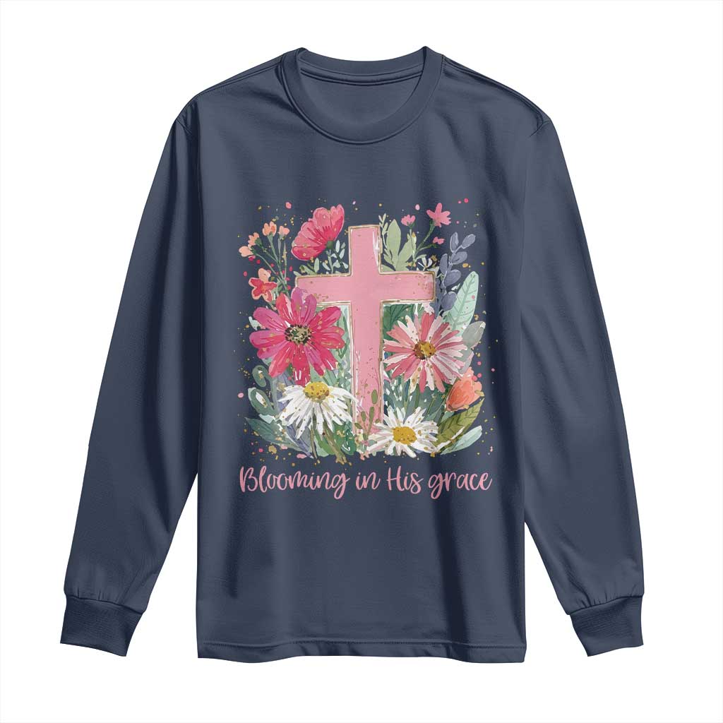 Blooming in His Grace Long Sleeve Shirt Boho Wildflower Christian Faith Bible Verse TS14 Navy Print Your Wear
