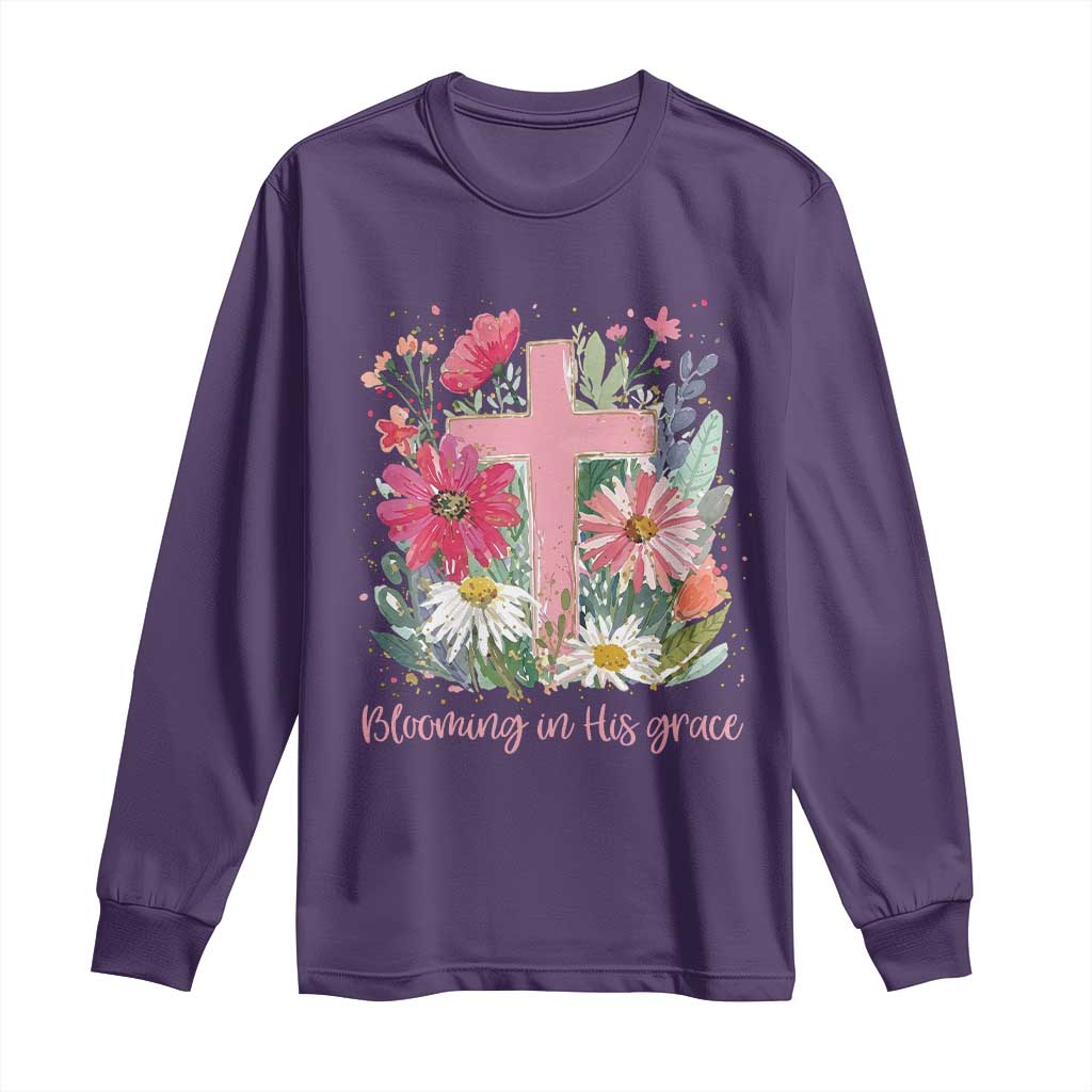 Blooming in His Grace Long Sleeve Shirt Boho Wildflower Christian Faith Bible Verse TS14 Purple Print Your Wear