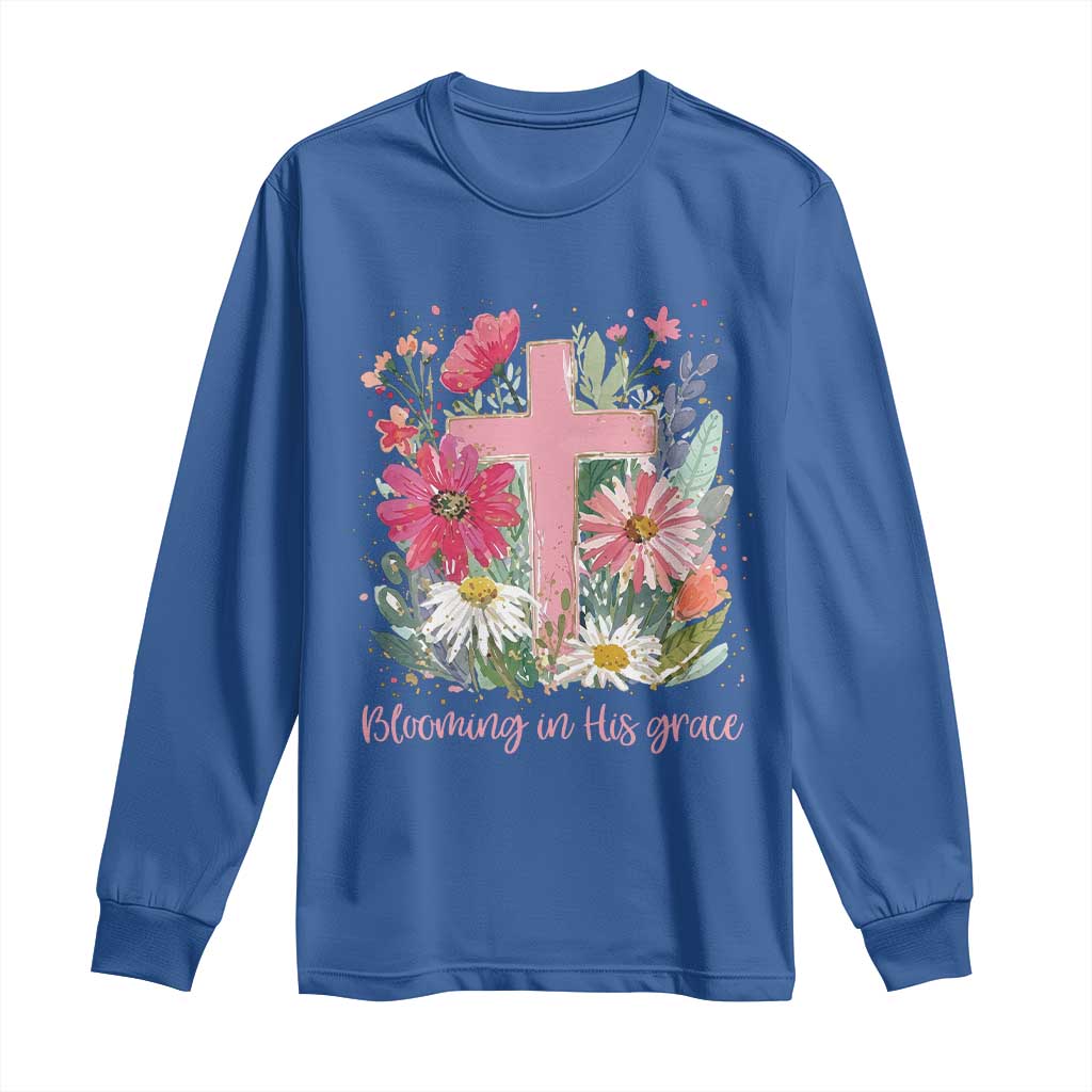 Blooming in His Grace Long Sleeve Shirt Boho Wildflower Christian Faith Bible Verse TS14 Royal Blue Print Your Wear