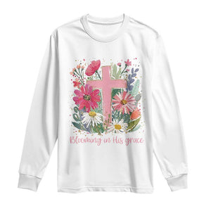 Blooming in His Grace Long Sleeve Shirt Boho Wildflower Christian Faith Bible Verse TS14 White Print Your Wear
