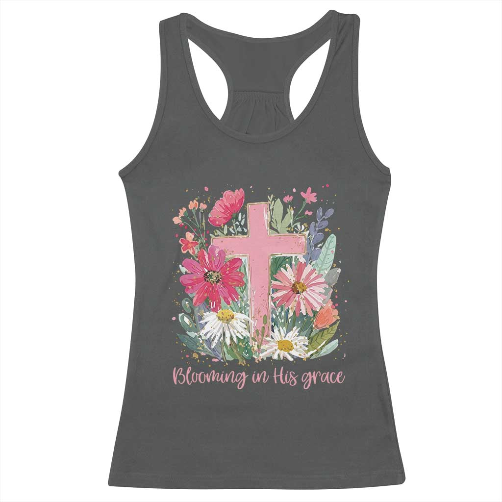 Blooming in His Grace Racerback Tank Top Boho Wildflower Christian Faith Bible Verse TS14 Dark Heather Print Your Wear