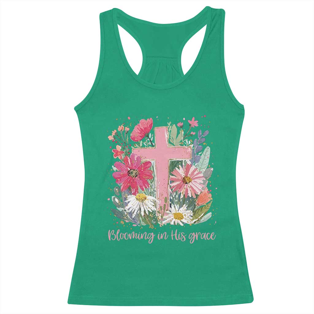 Blooming in His Grace Racerback Tank Top Boho Wildflower Christian Faith Bible Verse TS14 Irish Green Print Your Wear