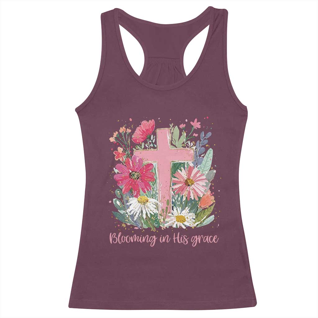 Blooming in His Grace Racerback Tank Top Boho Wildflower Christian Faith Bible Verse TS14 Maroon Print Your Wear