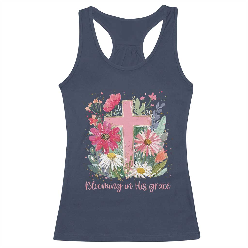 Blooming in His Grace Racerback Tank Top Boho Wildflower Christian Faith Bible Verse TS14 Navy Print Your Wear