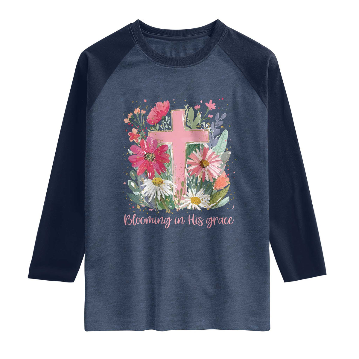 Blooming in His Grace Raglan Shirt Boho Wildflower Christian Faith Bible Verse TS14 Heather Denim Navy Print Your Wear