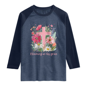 Blooming in His Grace Raglan Shirt Boho Wildflower Christian Faith Bible Verse TS14 Heather Denim Navy Print Your Wear