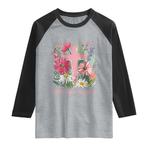 Blooming in His Grace Raglan Shirt Boho Wildflower Christian Faith Bible Verse TS14 Heather Gray Black Print Your Wear