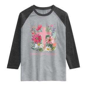 Blooming in His Grace Raglan Shirt Boho Wildflower Christian Faith Bible Verse TS14 Heather Gray Heather Charcoal Print Your Wear