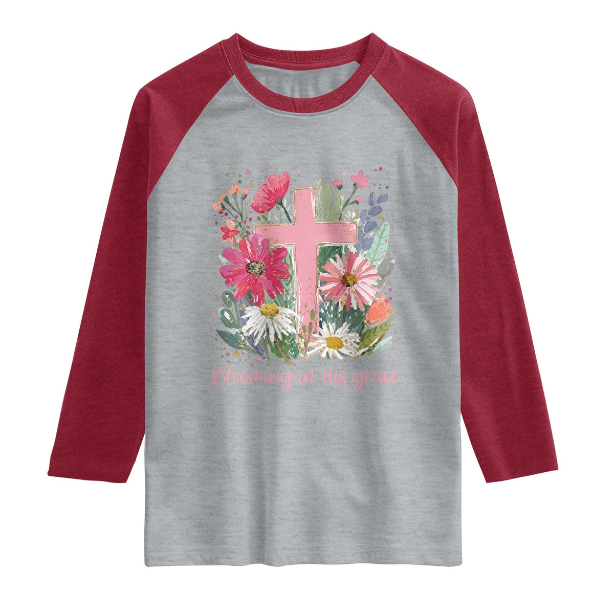 Blooming in His Grace Raglan Shirt Boho Wildflower Christian Faith Bible Verse TS14 Heather Gray Heather Red Print Your Wear
