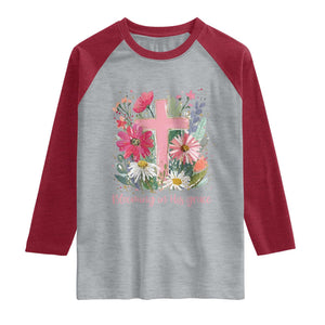 Blooming in His Grace Raglan Shirt Boho Wildflower Christian Faith Bible Verse TS14 Heather Gray Heather Red Print Your Wear