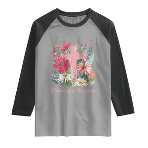 Blooming in His Grace Raglan Shirt Boho Wildflower Christian Faith Bible Verse TS14 Sport Gray Black Print Your Wear