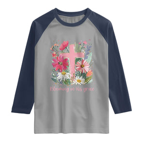 Blooming in His Grace Raglan Shirt Boho Wildflower Christian Faith Bible Verse TS14 Sport Gray Navy Print Your Wear
