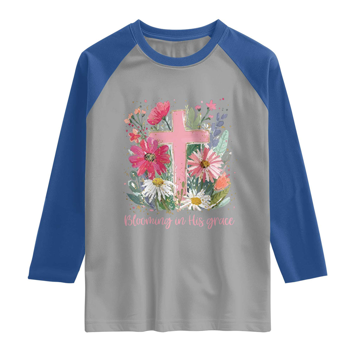 Blooming in His Grace Raglan Shirt Boho Wildflower Christian Faith Bible Verse TS14 Sport Gray Royal Print Your Wear