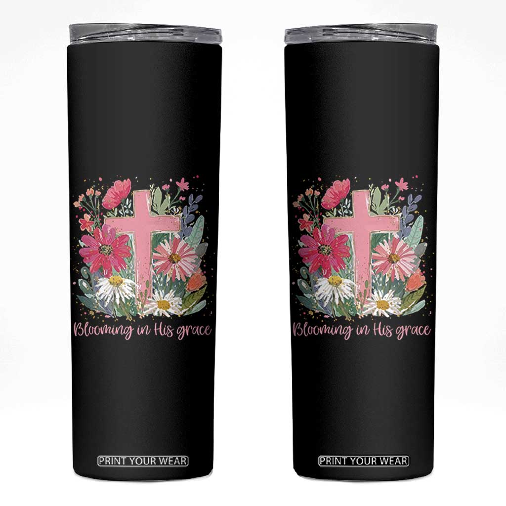 Blooming in His Grace Skinny Tumbler Boho Wildflower Christian Faith Bible Verse TS14 Black Print Your Wear