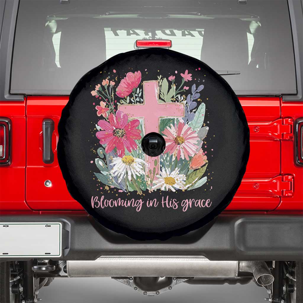 Blooming in His Grace Spare Tire Cover Boho Wildflower Christian Faith Bible Verse TS14 Black Print Your Wear