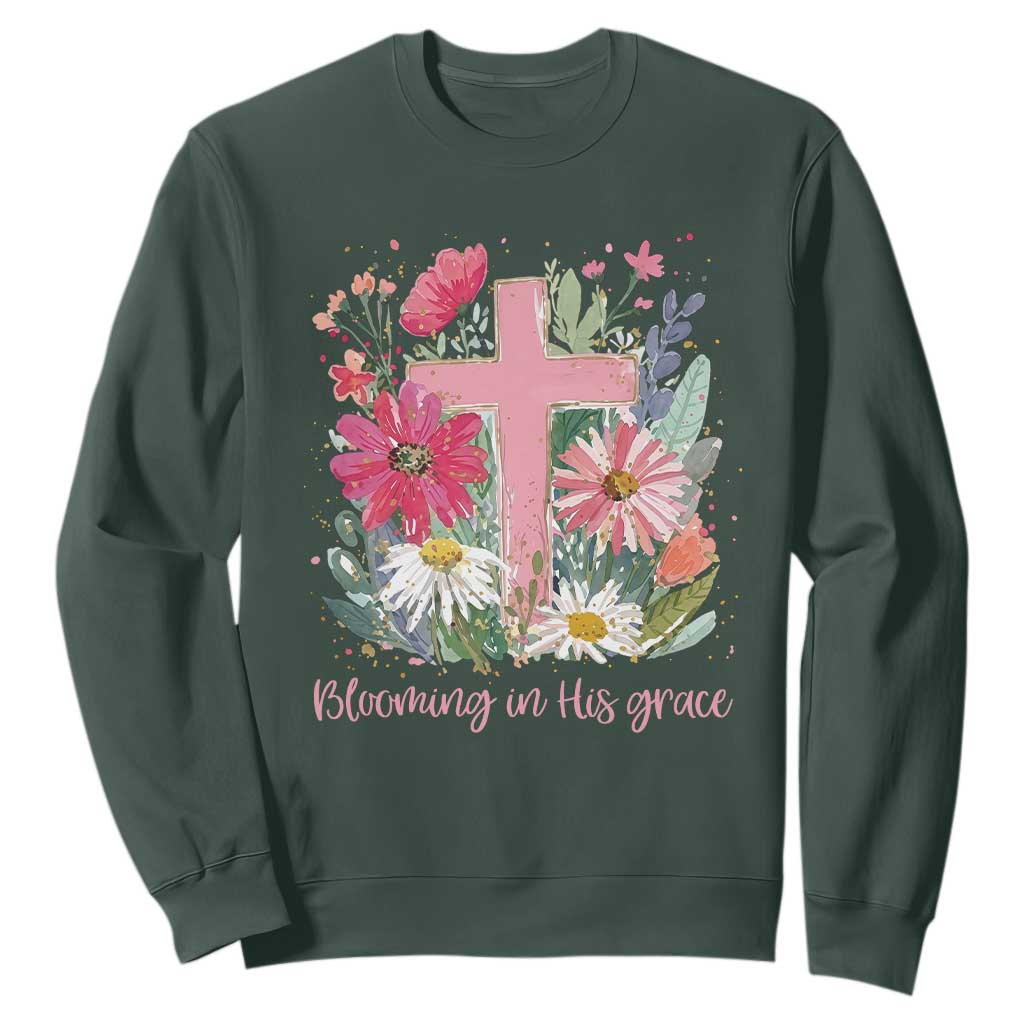 Blooming in His Grace Sweatshirt Boho Wildflower Christian Faith Bible Verse TS14 Dark Forest Green Print Your Wear