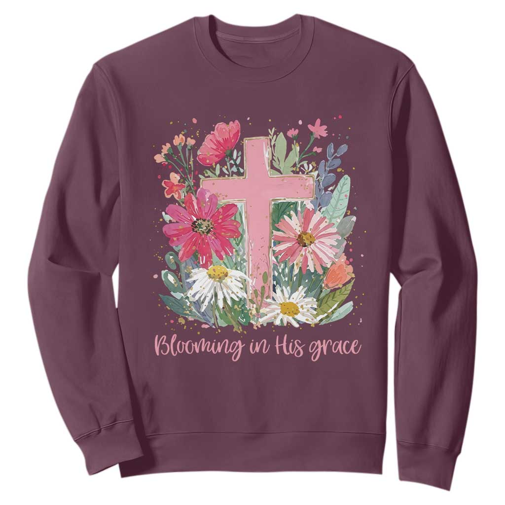 Blooming in His Grace Sweatshirt Boho Wildflower Christian Faith Bible Verse TS14 Maroon Print Your Wear