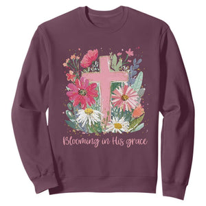 Blooming in His Grace Sweatshirt Boho Wildflower Christian Faith Bible Verse TS14 Maroon Print Your Wear