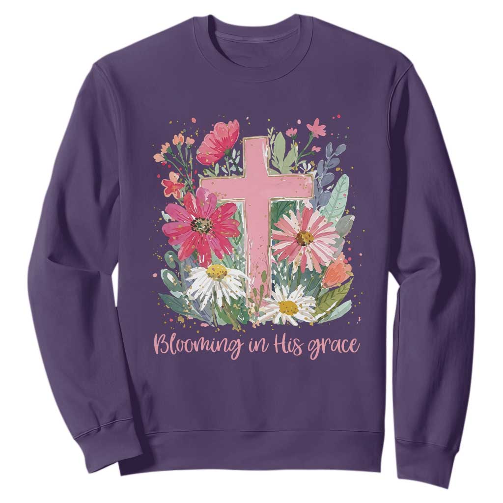 Blooming in His Grace Sweatshirt Boho Wildflower Christian Faith Bible Verse TS14 Purple Print Your Wear