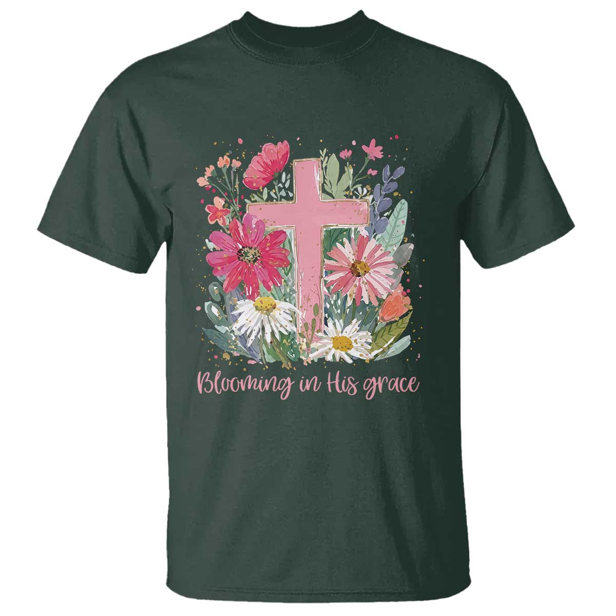 Blooming in His Grace T Shirt Boho Wildflower Christian Faith Bible Verse TS14 Dark Forest Green Print Your Wear