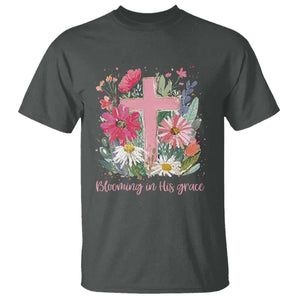 Blooming in His Grace T Shirt Boho Wildflower Christian Faith Bible Verse TS14 Dark Heather Print Your Wear