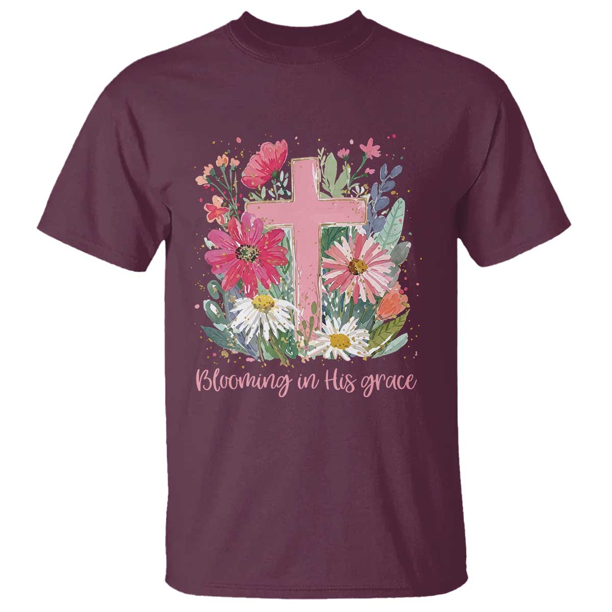 Blooming in His Grace T Shirt Boho Wildflower Christian Faith Bible Verse TS14 Maroon Print Your Wear