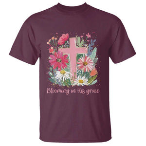 Blooming in His Grace T Shirt Boho Wildflower Christian Faith Bible Verse TS14 Maroon Print Your Wear