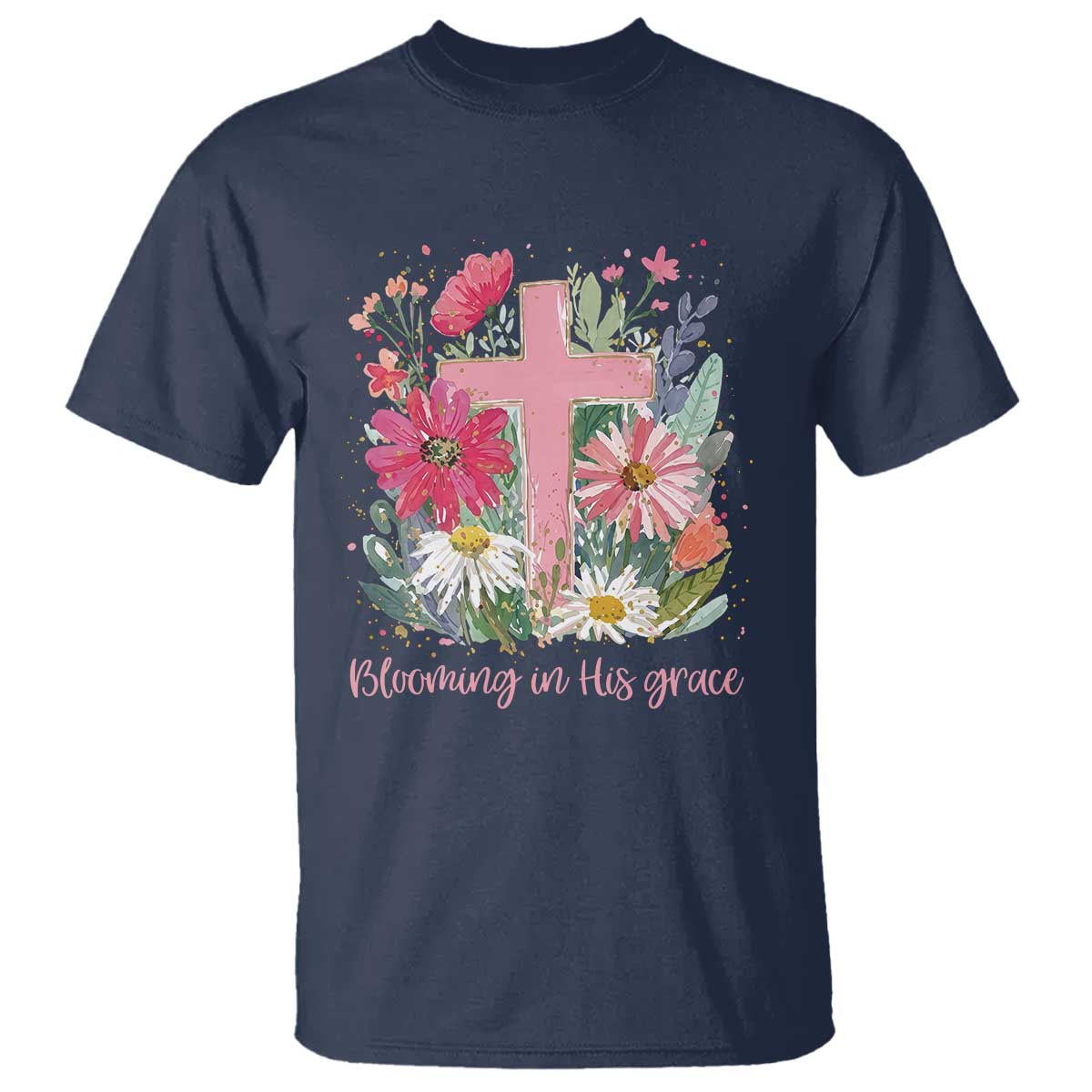 Blooming in His Grace T Shirt Boho Wildflower Christian Faith Bible Verse TS14 Navy Print Your Wear