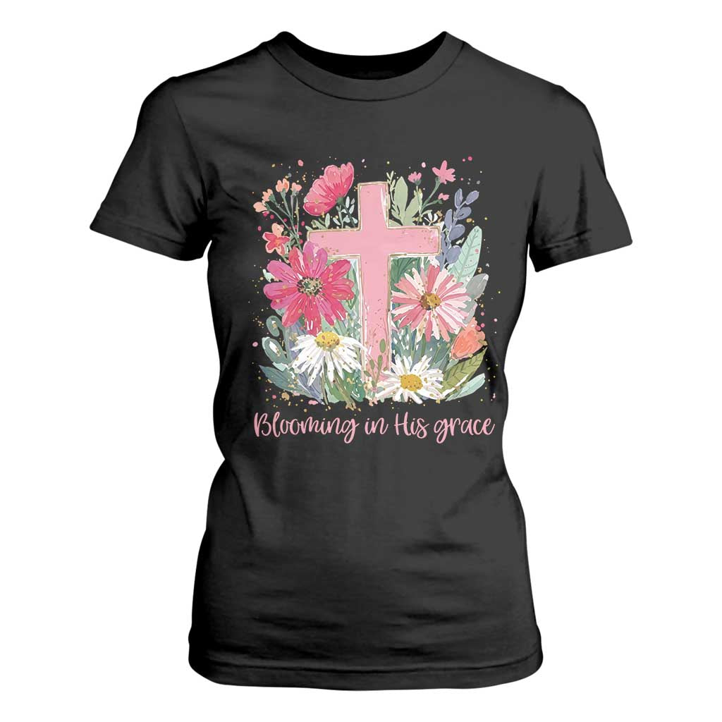Blooming in His Grace T Shirt For Women Boho Wildflower Christian Faith Bible Verse TS14 Black Print Your Wear