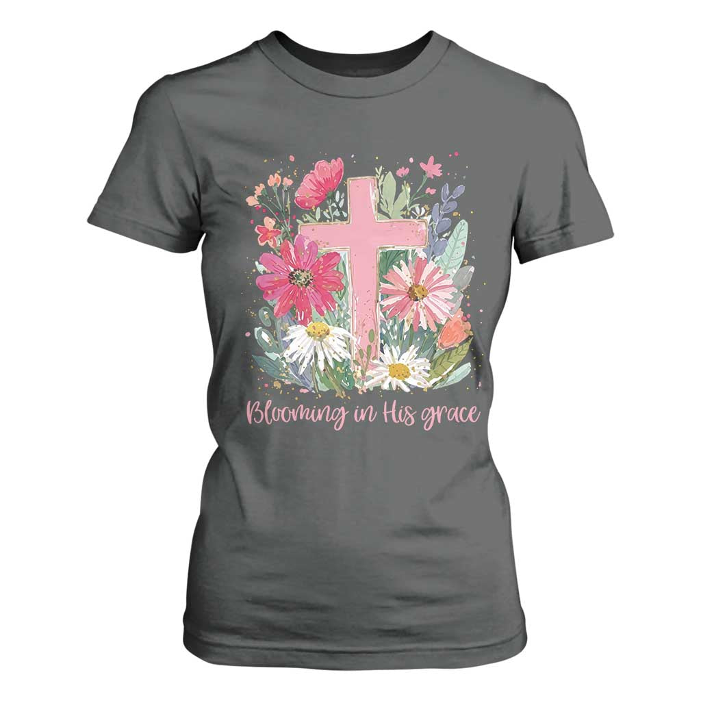 Blooming in His Grace T Shirt For Women Boho Wildflower Christian Faith Bible Verse TS14 Dark Heather Print Your Wear