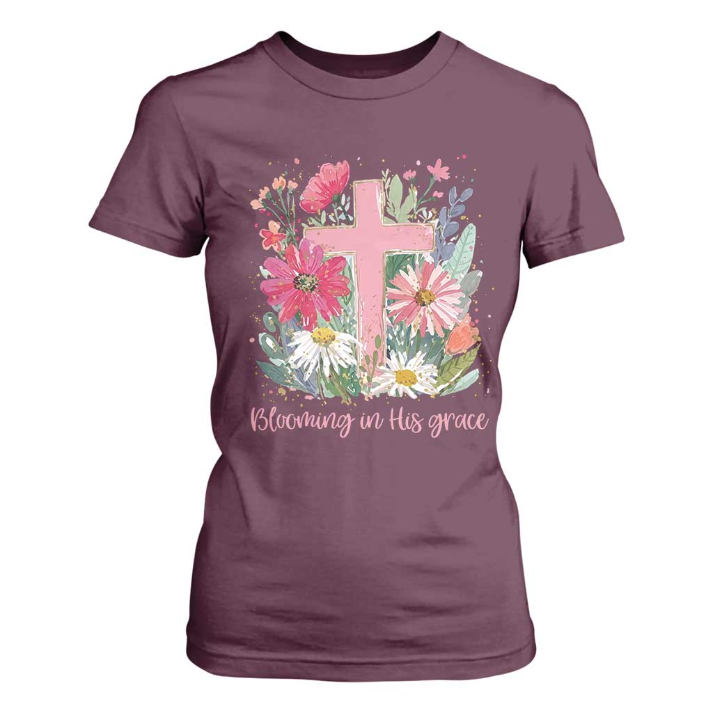 Blooming in His Grace T Shirt For Women Boho Wildflower Christian Faith Bible Verse TS14 Maroon Print Your Wear