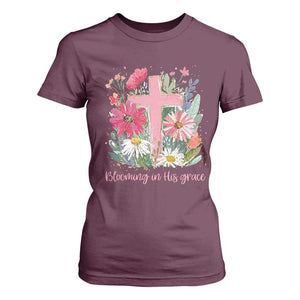 Blooming in His Grace T Shirt For Women Boho Wildflower Christian Faith Bible Verse TS14 Maroon Print Your Wear