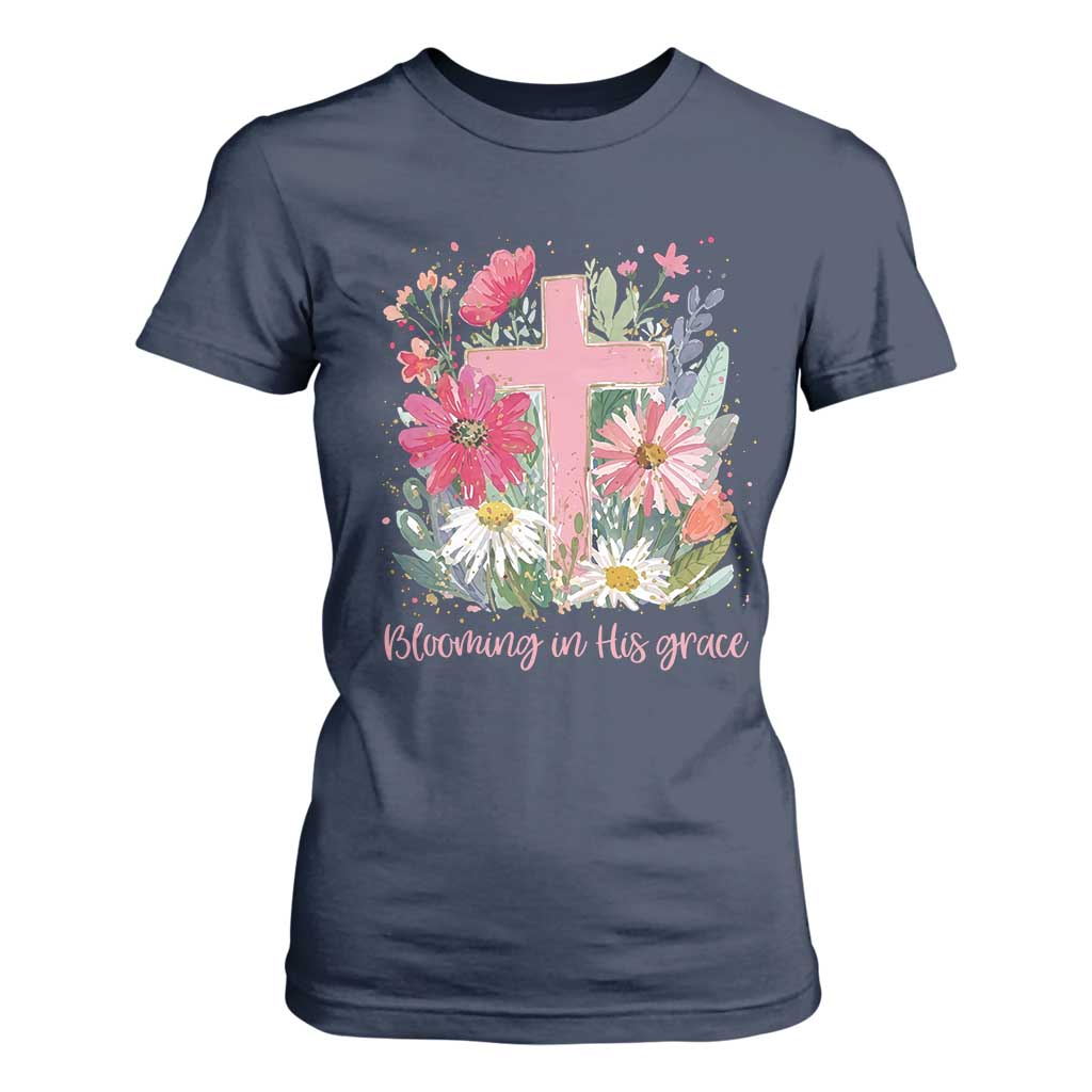 Blooming in His Grace T Shirt For Women Boho Wildflower Christian Faith Bible Verse TS14 Navy Print Your Wear
