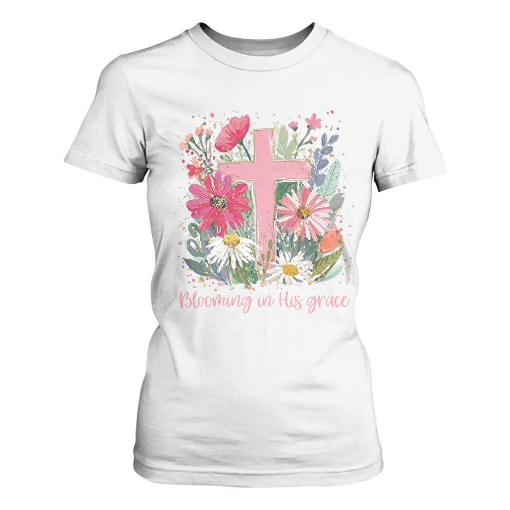 Blooming in His Grace T Shirt For Women Boho Wildflower Christian Faith Bible Verse TS14 White Print Your Wear