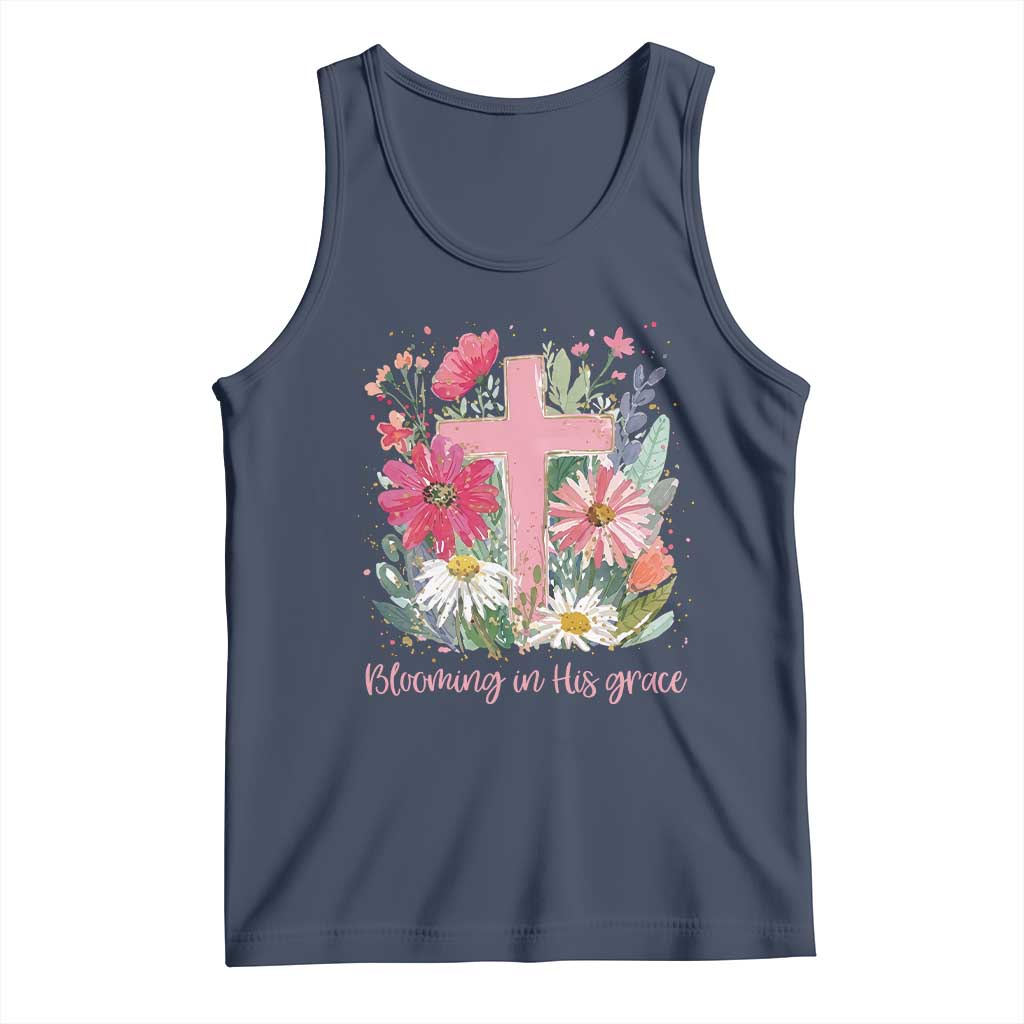 Blooming in His Grace Tank Top Boho Wildflower Christian Faith Bible Verse TS14 Navy Print Your Wear