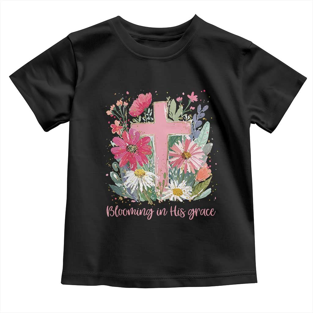 Blooming in His Grace Toddler T Shirt Boho Wildflower Christian Faith Bible Verse TS14 Black Print Your Wear